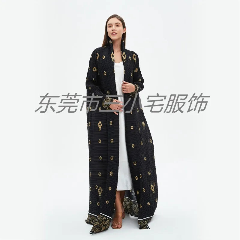 KAF Pleated Women Loose Plus Size Trench Coat 2024 Autumn New Vintage Printed Cardigan Design Arab Female Luxury Abaya