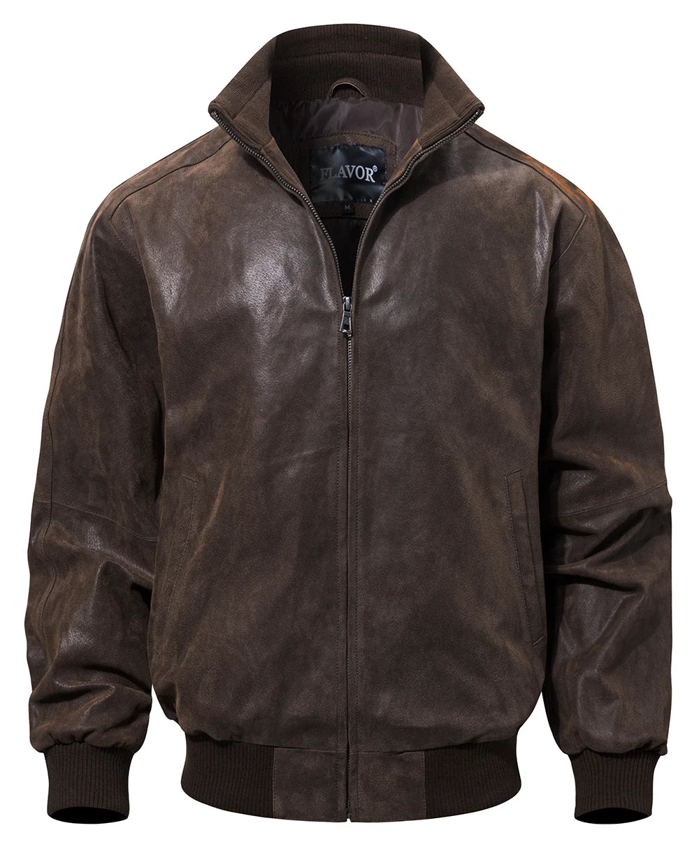 Men’s Pigskin Leather Bomber Jacket – Casual Stand Collar Leather Coat
