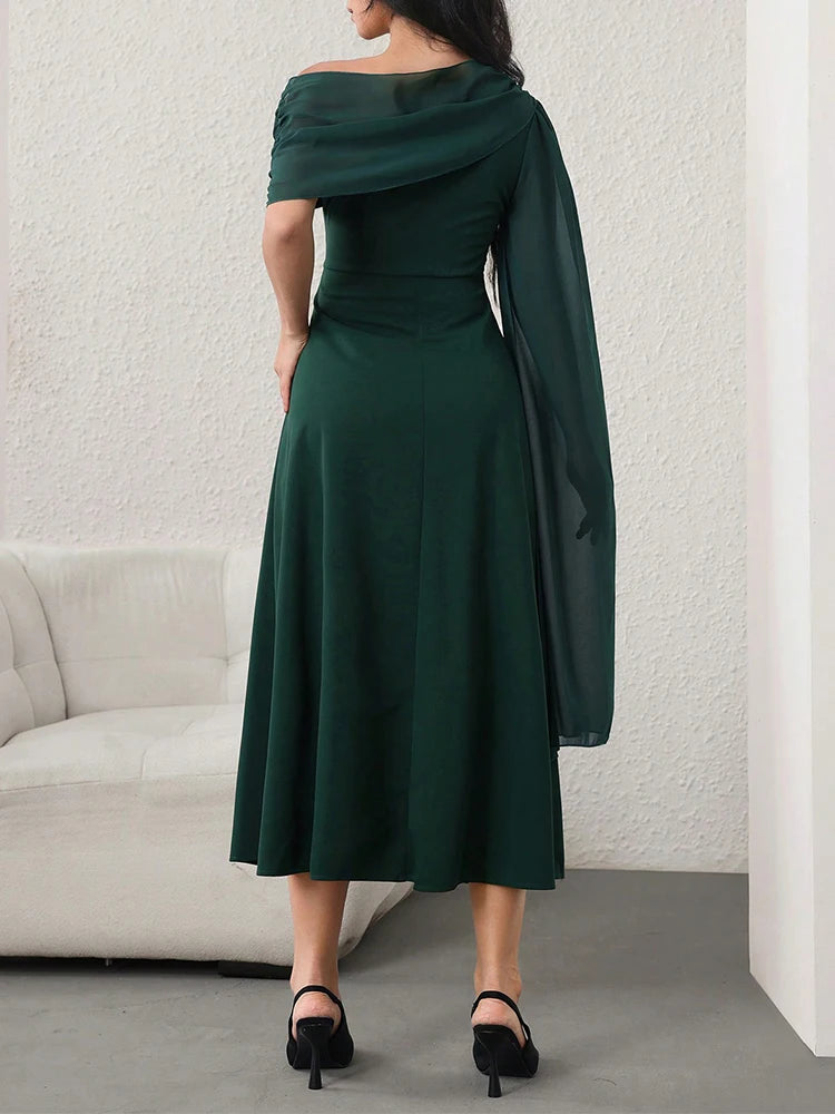 Rafiah Women's Summer Dress 2025 Elegant Asymmetrical Solid Color Long Sleeve Patchwork Mesh Dress Party Dresses