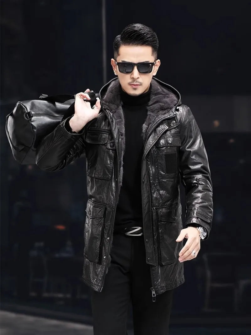 Men’s Oil Wax Cowhide Leather Jacket – Slim Fit Winter Cargo Coat with Mink Fur Lining & Hood