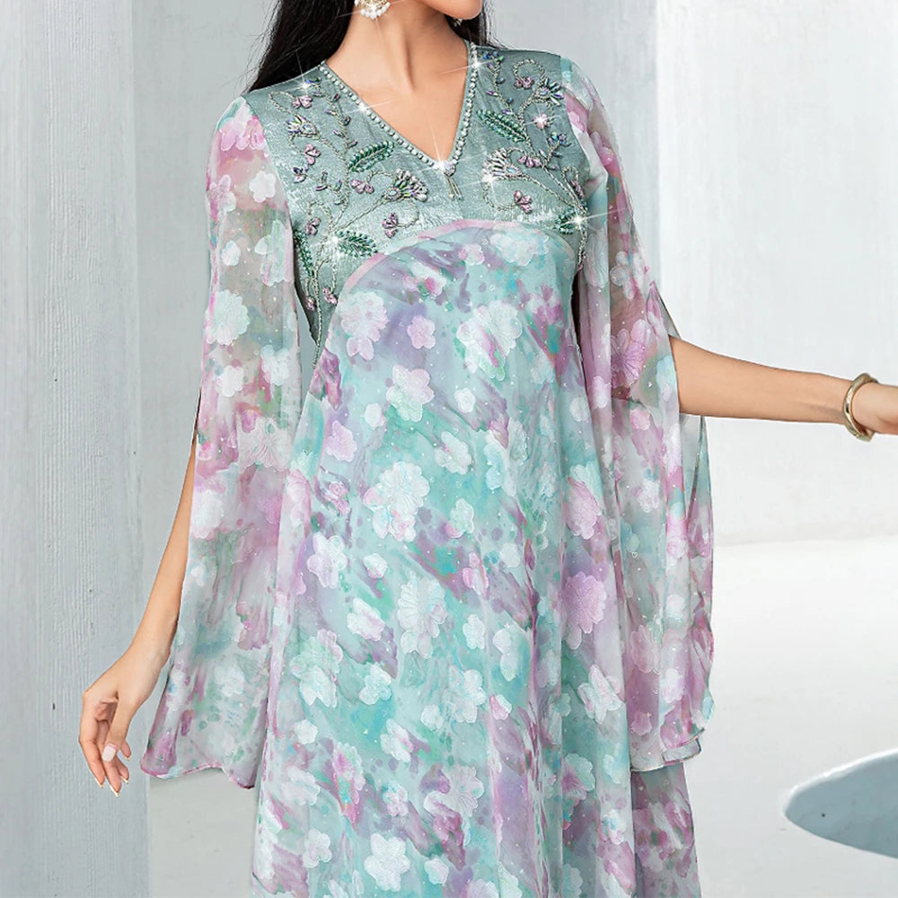 Rafiah Summer Dress 2025 Women's Elegant Embroidered Flares Long Sleeve V-Neck Dating A-Line Long Arabian Dress