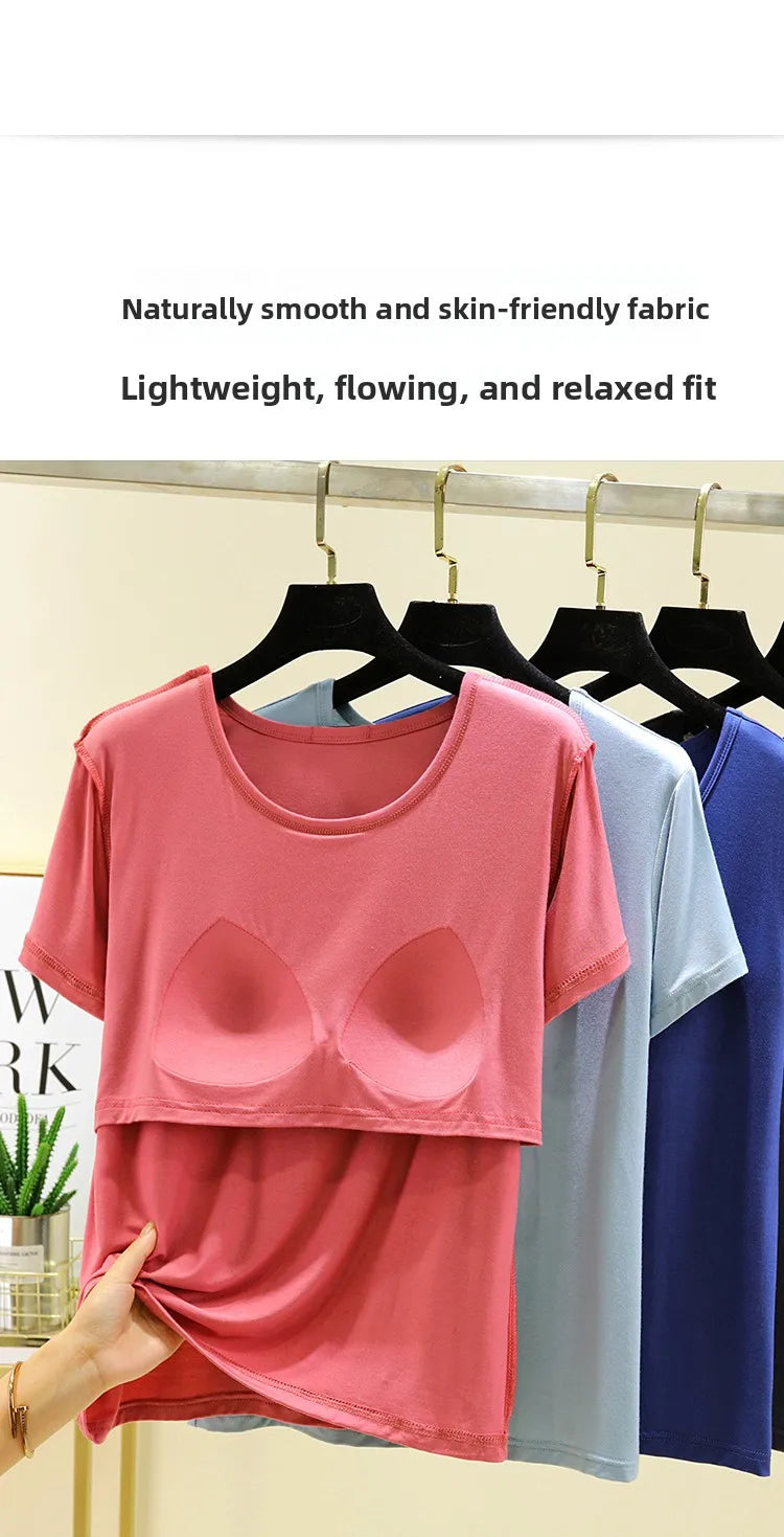 Loose Modal T-irt Women's Spring Summer round Ne ort Sve Built-In Bra Large Size Base irt Casual Sle Summer Top