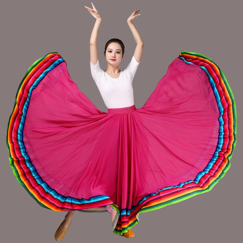 Streetwear Elegant Dance Performance Skirt Women Chiffon Skirts Rainbow-edge Elastic-Waist 720-Degrees Square Danc Maxi Skirts