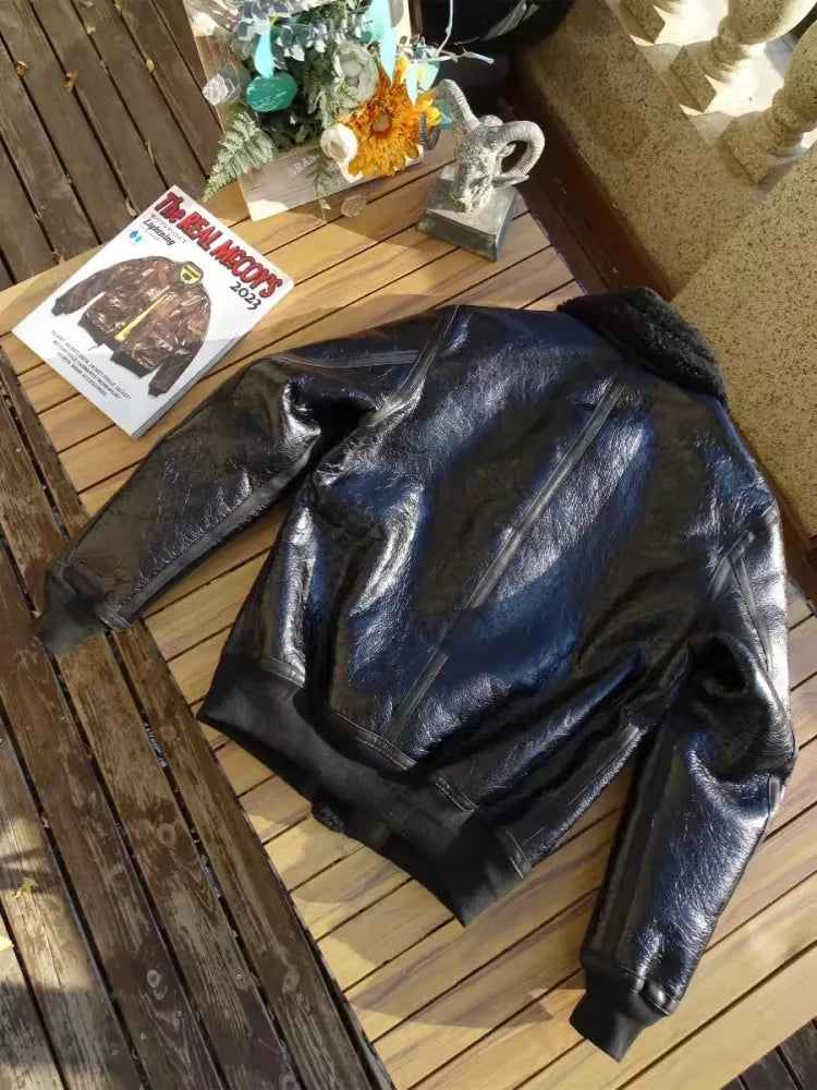 Mens Oil Waxed Sheepskin Motorcycle Short Coat Lapel Winter Real Fur Jackets Warm Wool Lining Genuine Leather Pilot Jacket Male