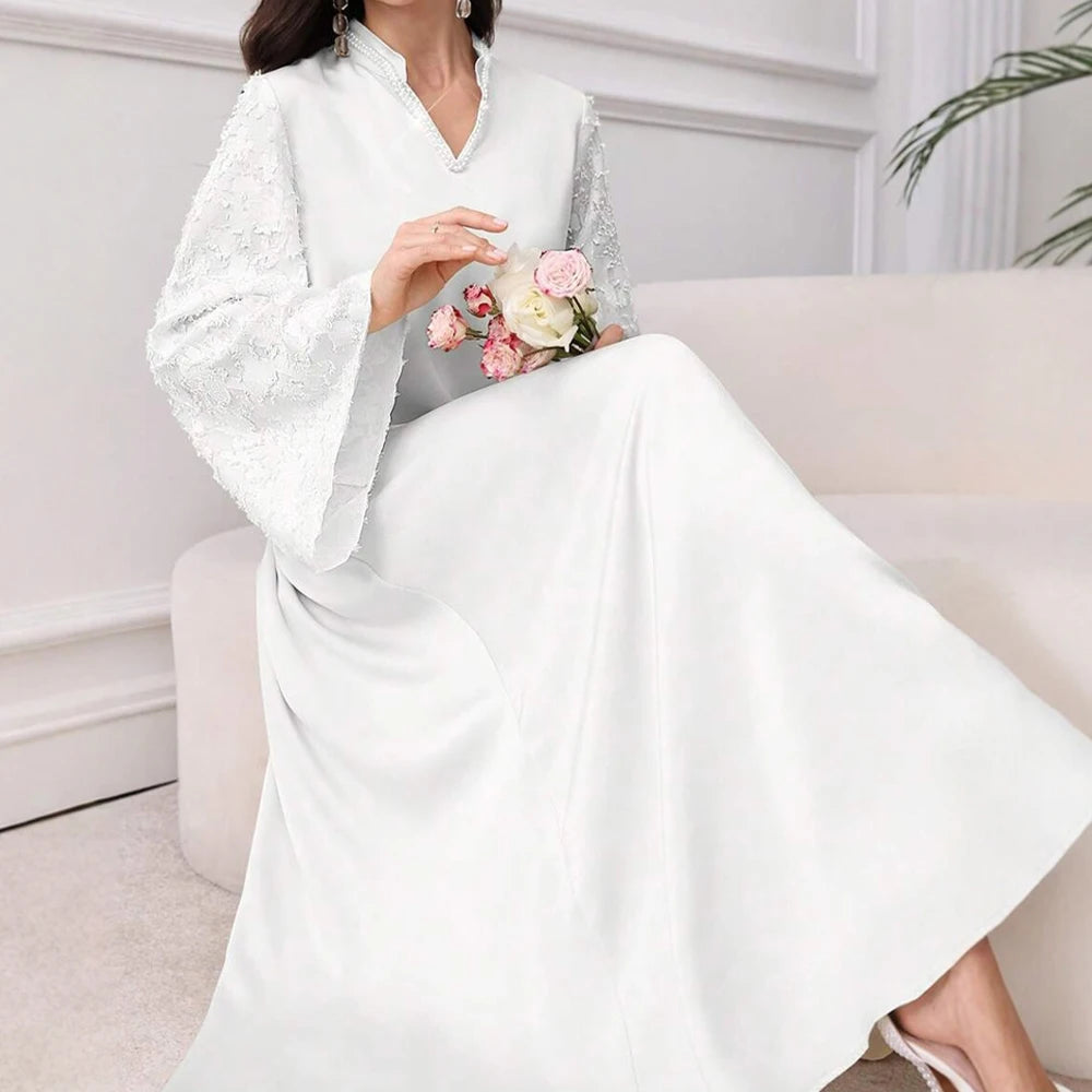 Rafiah Autumn Dresses 2025 Women's Simple Plain Long Sleeve V-Neck Loose Fit Dating Long Arabian Dresses