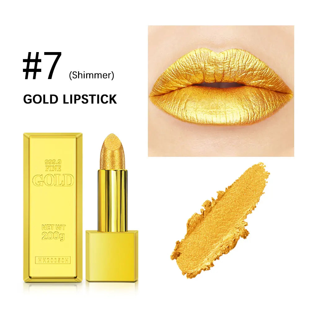 Shimmer Gold Lipstick Metallic Glitter Sexy Lipsticks Long Lasting Batom Waterproof Cosmetic Gold Brick Tube Design Gift 3.5g