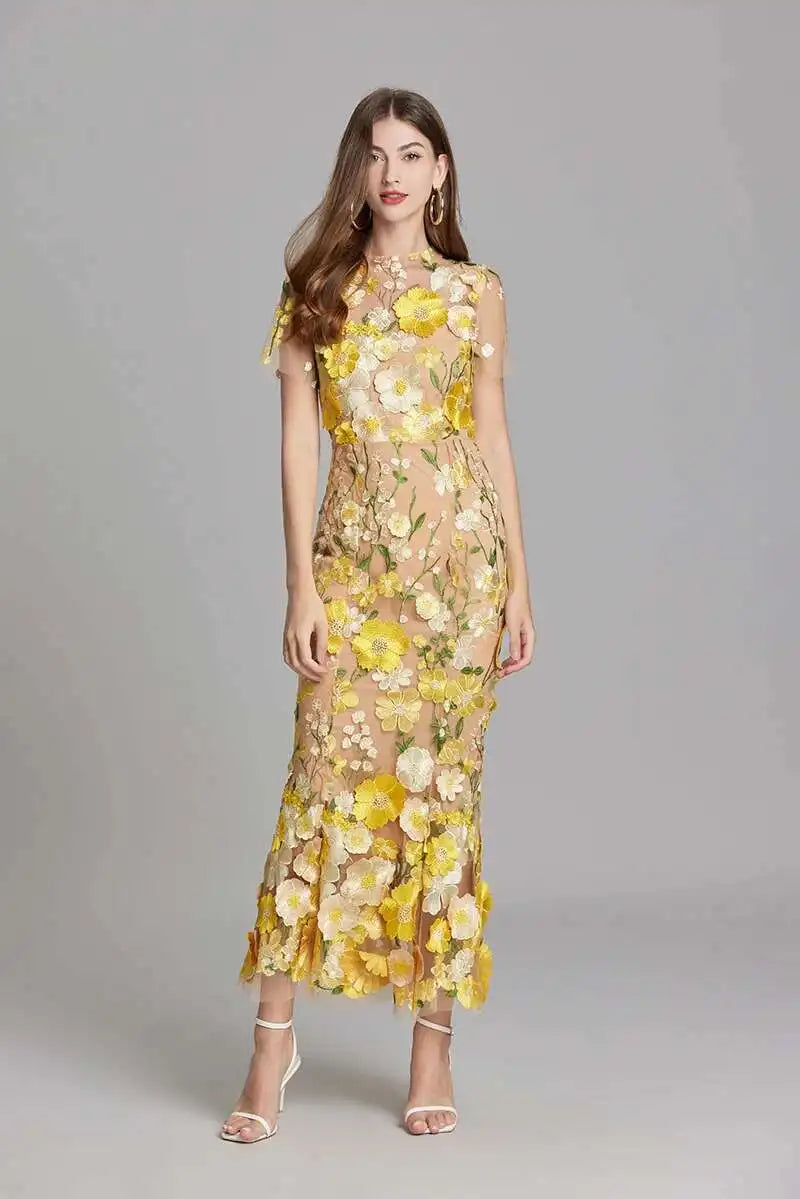 French Luxury 3D Flower Fishtail Lace Prom Dress – Women's Summer Short Sleeve Midi Evening Dress