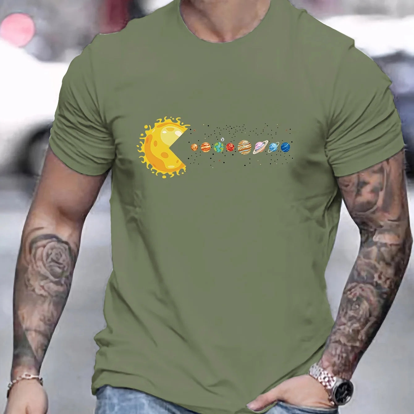 Men's 100% pure cotton summer loose and comfortable casual pac man style sun planets 🪐 eaten printed round neck short sleeved T-shirt top