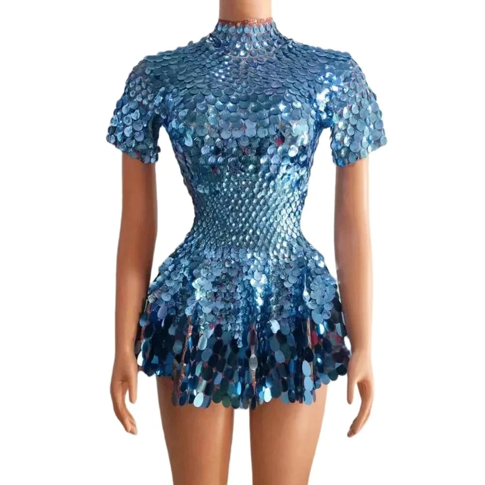 Sexy Black Shell Sequins Mini Dress – Stage, Club & Birthday Performance Wear