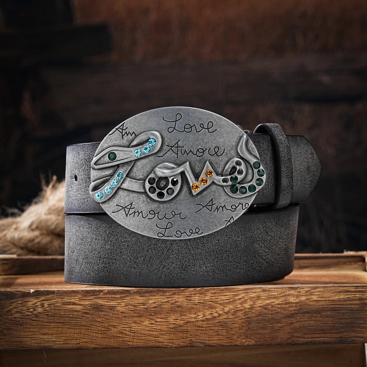 Men & Women Vintage Western PU Leather Belt with Floral Engraved Buckle
