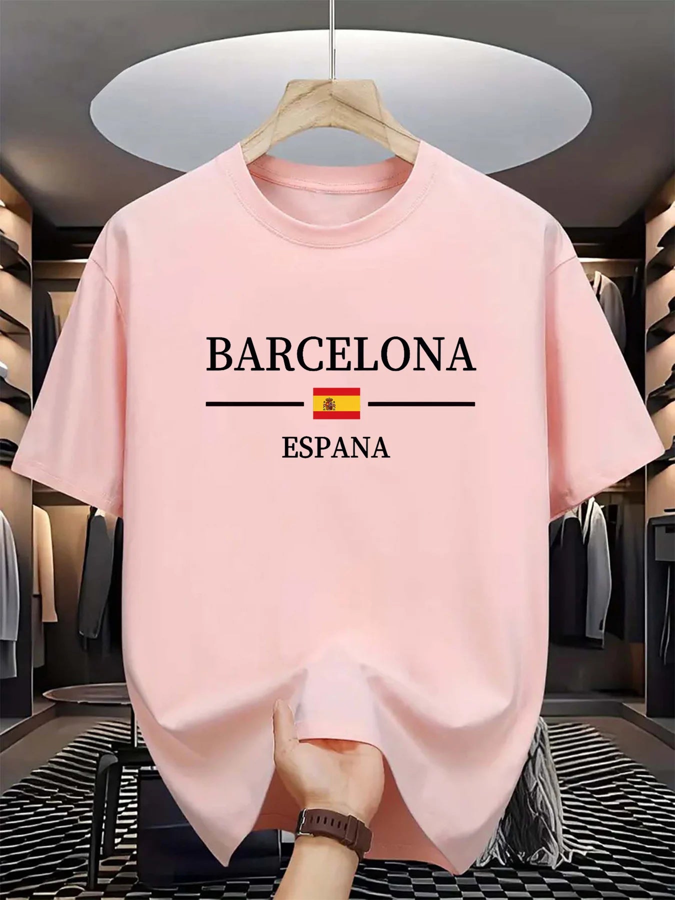 Summer men's 100% pure cotton casual sports loose Barcelona Spanish letter printed comfortable round neck short sleeved T-shirt
