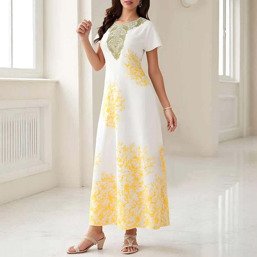 Rafiah Summer Long Arabian Dress 2025 Casual Daily Graphic Printing Short Sleeve Round Neck A-Line Shift Dresses