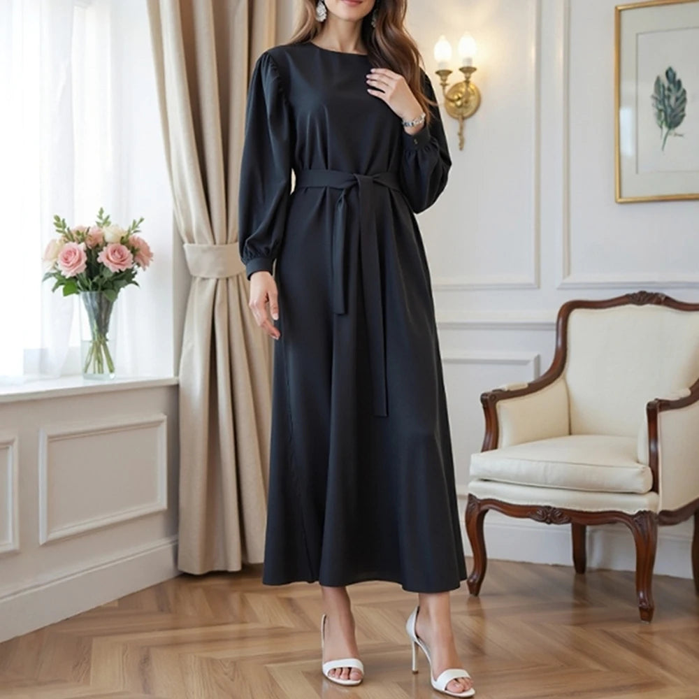 Rafiah Women's Summer Dress Decent Simple Plain Lace-up Cuff Sleeve Keyhole Neckline Midi A-line Casual Arabian Dress