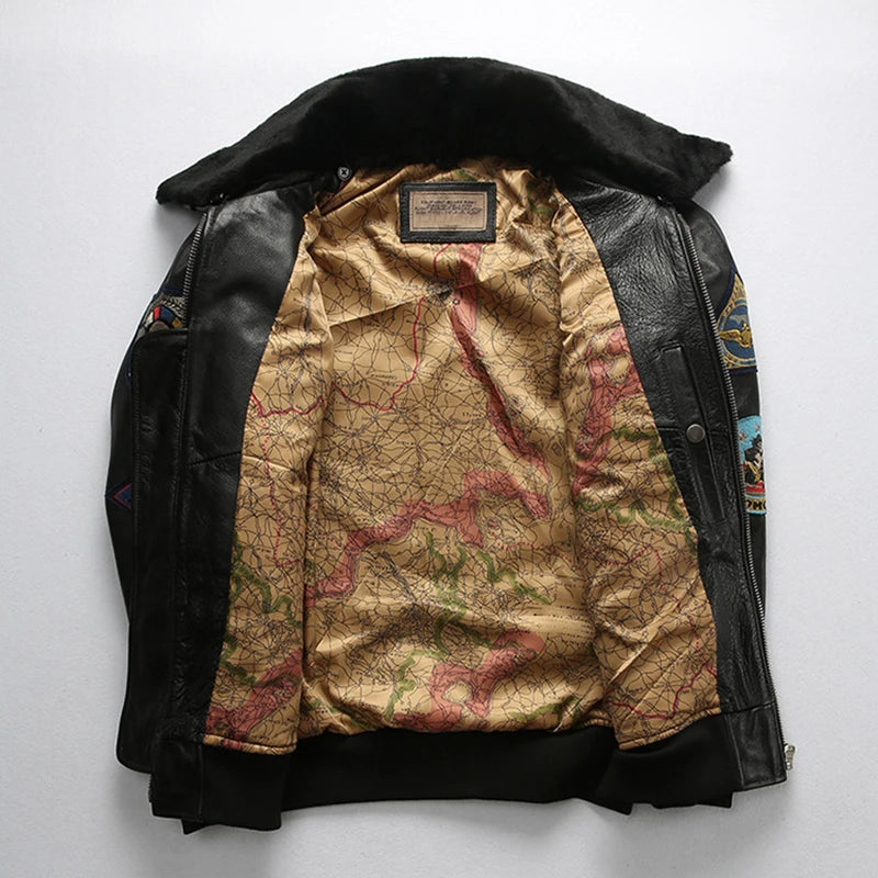 Top Gun Genuine Cowhide Leather Jacket with Wool Collar – Embroidered Unisex Motorcycle Coat