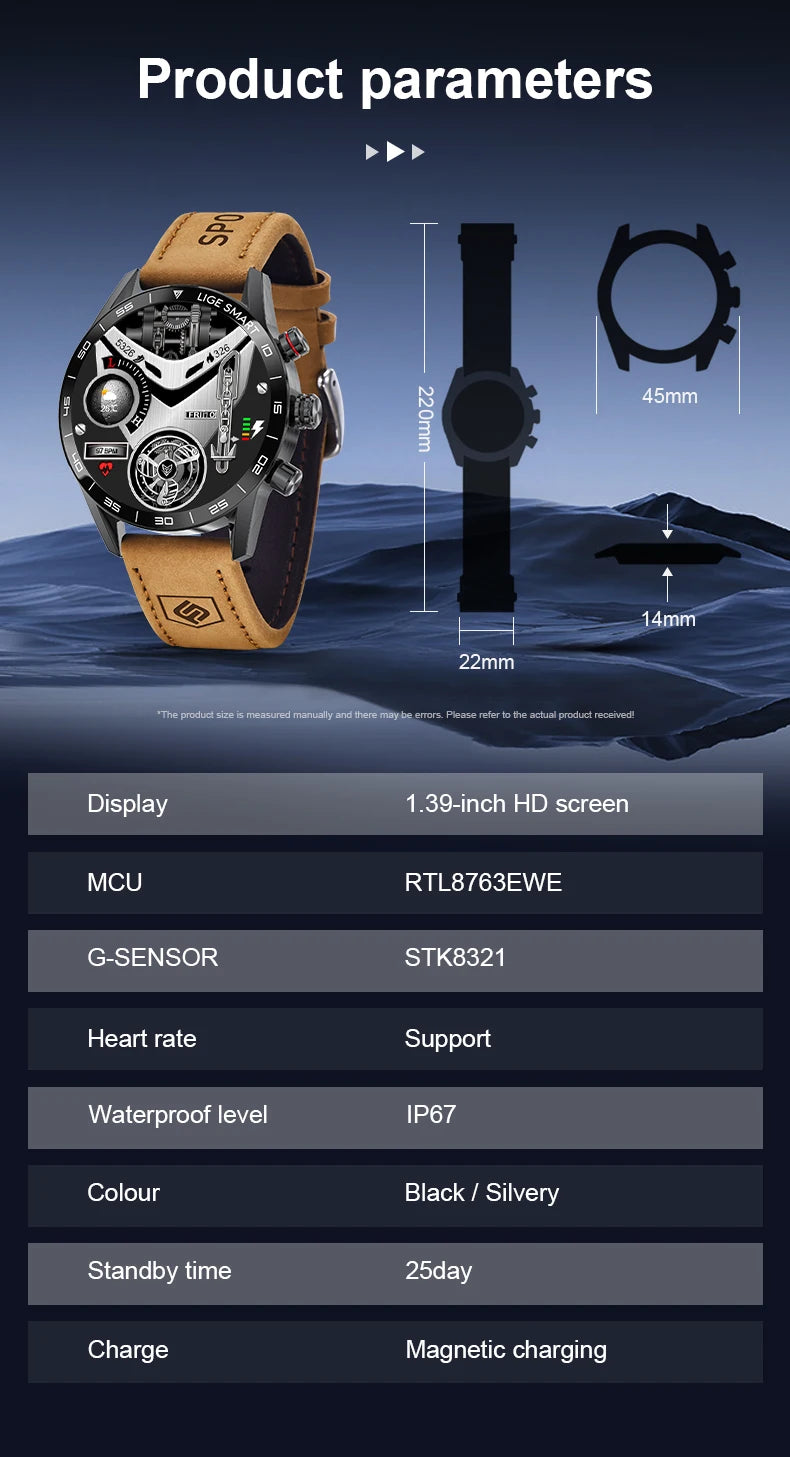 LIGE 2025 New Rugged Military Sports Smart Watch Men 1.39” HD Screen Heart Rate Bluetooth Call Waterproof Outdoor Men SmartWatch