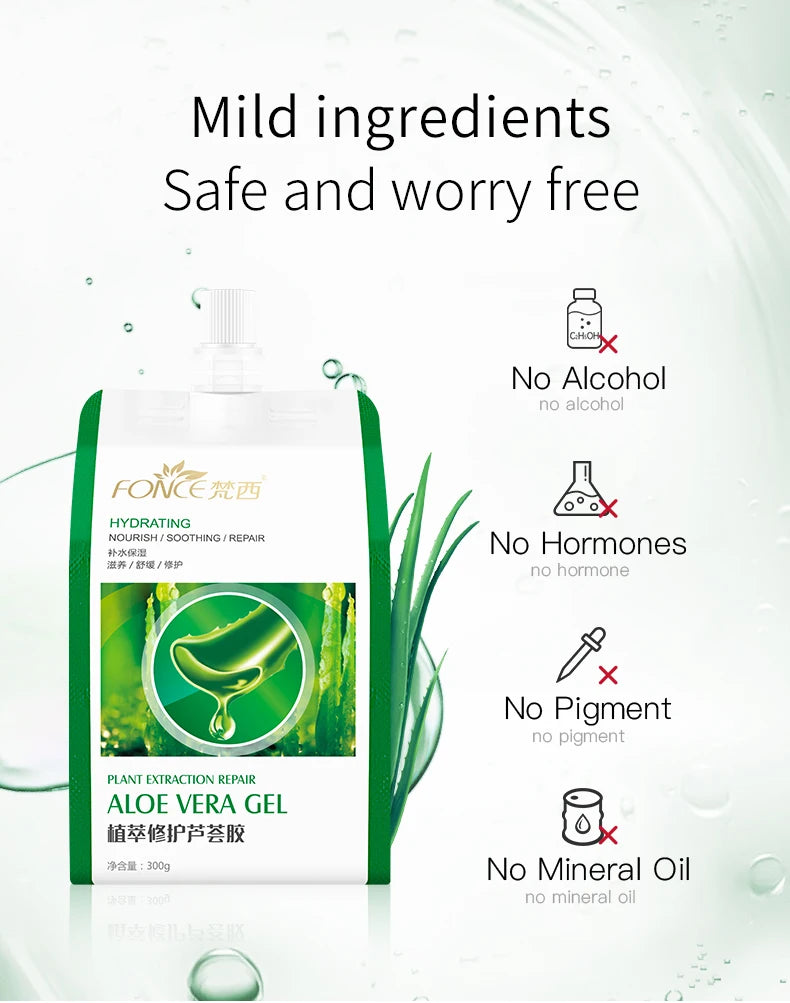 FONCE Organic Pure Aloe Vera Gel 300g Moisturizing Cream Sunburn Aloe Gel Natural Safe Sleeping Mask Soothing Lotion