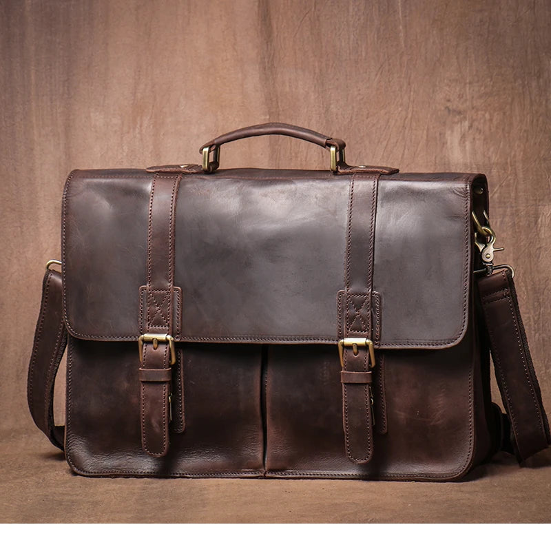 LUOKIR Vintage Crazy Horse Briefcase Travel Genuine Leather Handbag Luxury Men's Messenger Computer Shoulder Bag 14 Inch Laptop