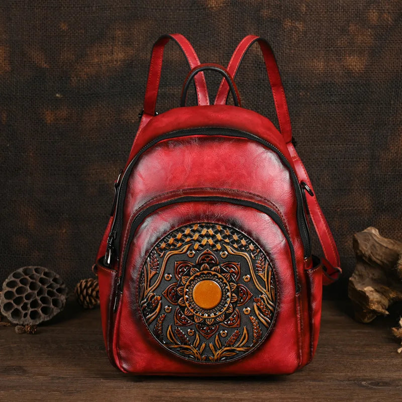 MOTAORA Vintage Leather Backpack Women Large Capacity Embossed Casual Travel Backpack Anti-Theft Waterproof Handbag Purse