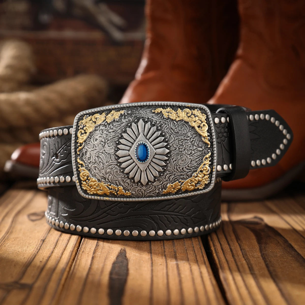 An alloy plate buckle PU material belt, suitable for both men and women, to create a personalized Western retro style