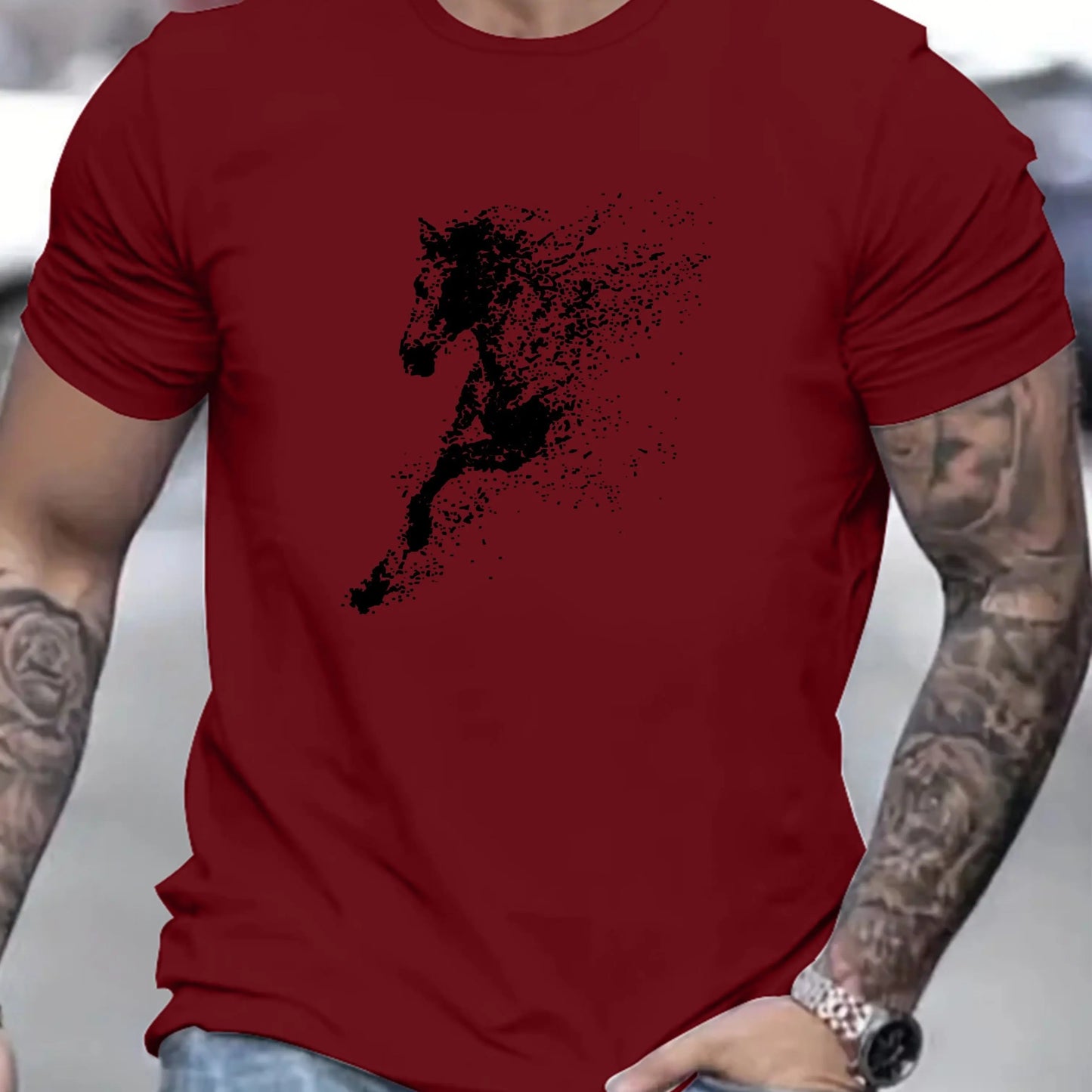 Men's Summer 100% Cotton Fashionable Casual Loose Large Black Horse Pattern Printed Round Neck Short Sleeve T-shirt Top