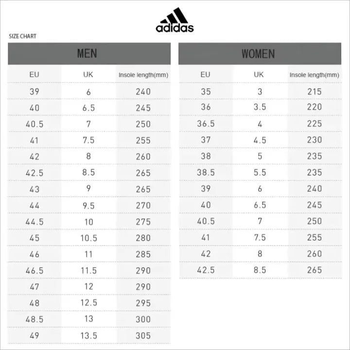 Adidas size chart for men and women with shoe size, UK, and insole length information.