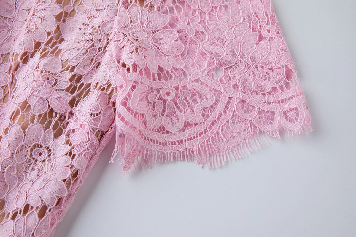Luxury Eyelash Lace Mid-Calf Party Dress – Women’s Summer Short Sleeve A-Line with Crystal Beading, Hollow-Out Design – Pink Bridesmaid & Prom Gown