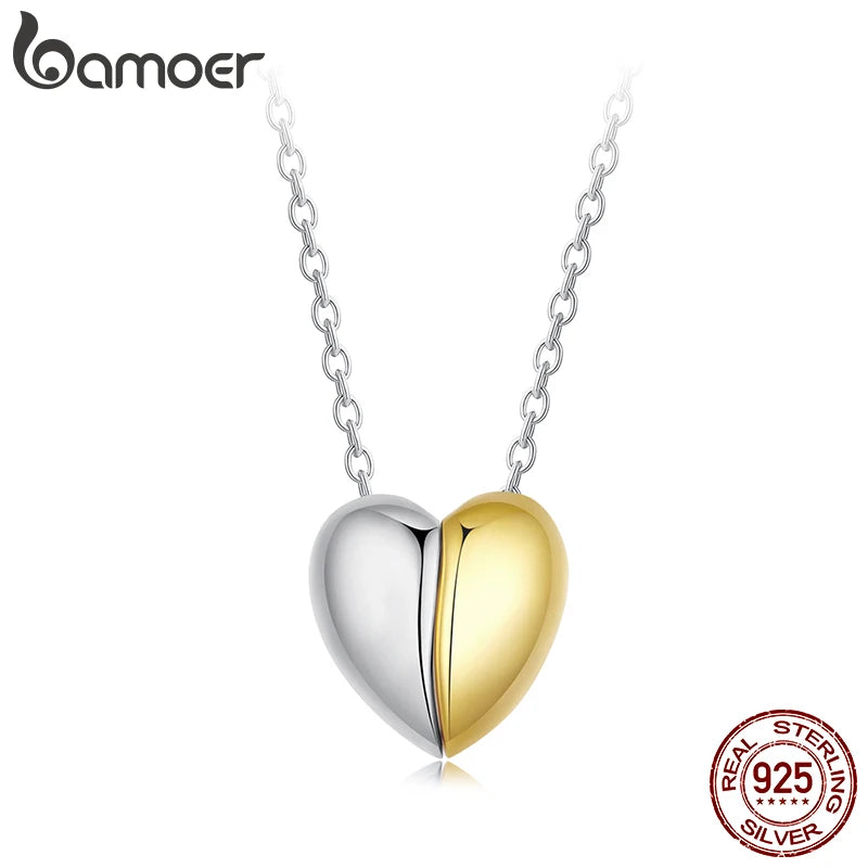 BAMOER Gold Plated Heart Pendant Necklace for Women, 925 Sterling Silver Couple Heart Fashion Waterproof Metal Daily Jewelry