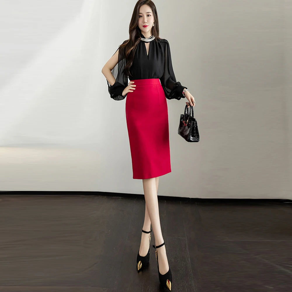 Classic Vintage Gray Red Stretch Pencil Skirts For Women Office Lady Formal Black Midi Skirts Elegant Female Package Hip Skirts