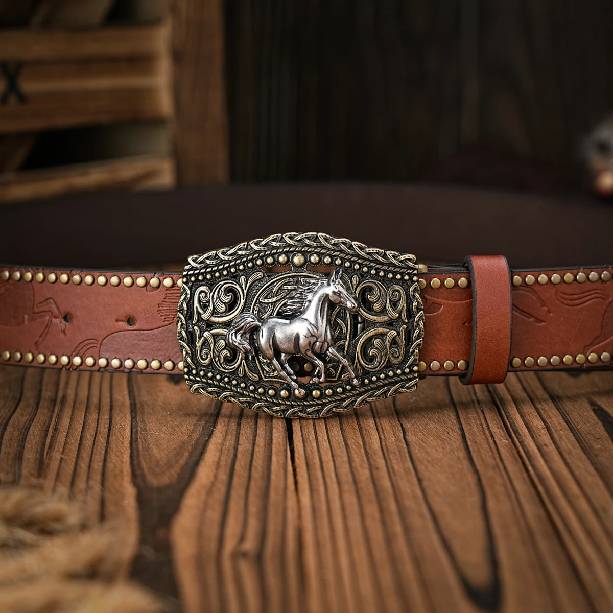 Men & Women-Western-Cowboy-PU Leather-Belts - Vintage Belt Floral Engraved Buckle Belt for Jeans