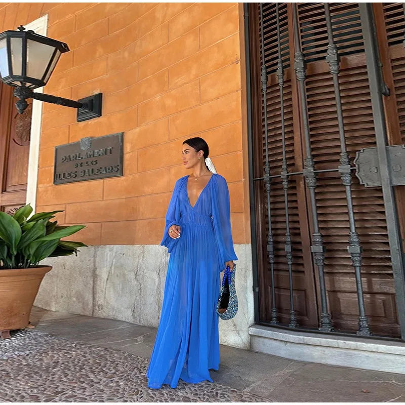 Elegant Pleated Lantern Sleeve Mid-Calf Dress – Women’s O-Neck Holiday Beach Outfit