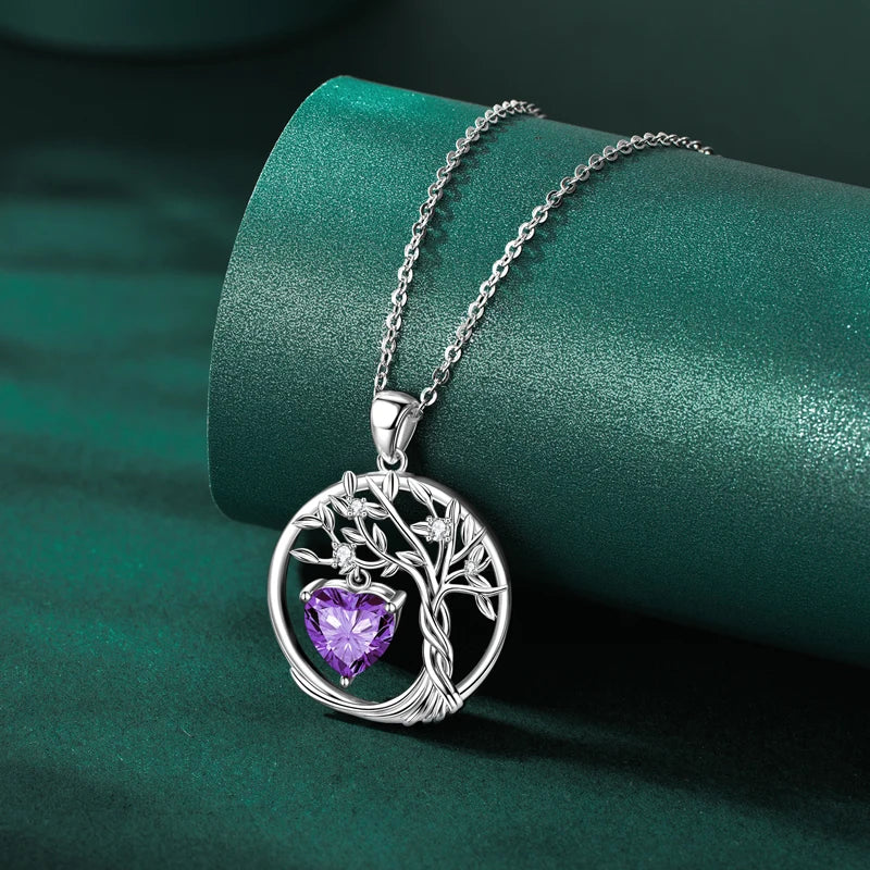 Lnngy 925 Sterling Silver Tree of Life Circle Pendant Necklace Colorful Birthday Stone Necklaces Jewelry for Women Daily Gift