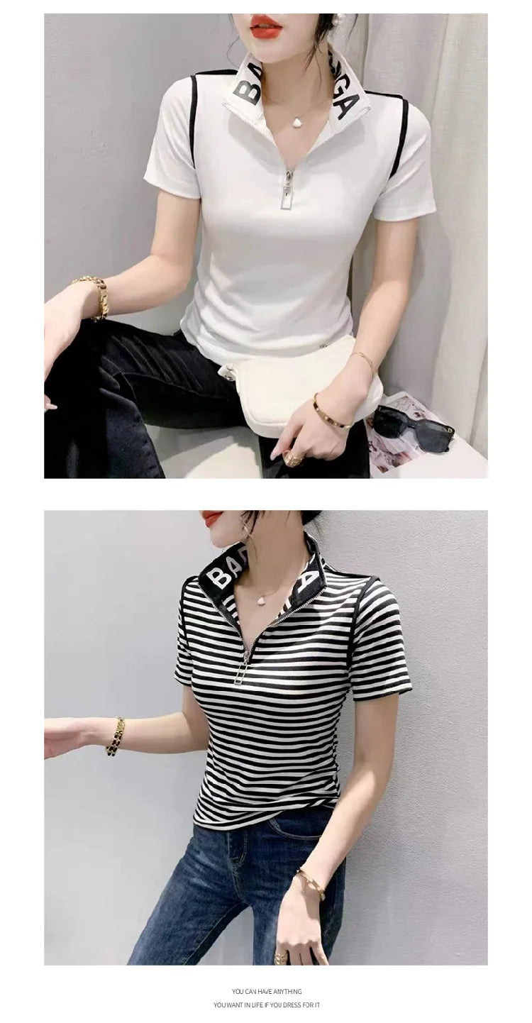 ort Sve T-irt Women's Summer New Faion irt Zipper Collar Mom's Clothes Anti-Aging Base Layer Top Polyester Fiber