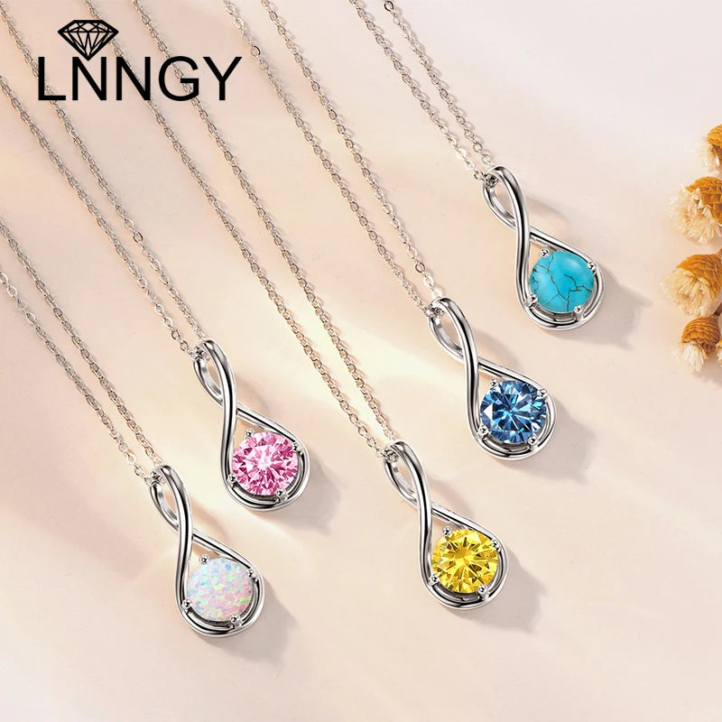 Lnngy Genuine 925 Sterling Silver Infinity Pendant Necklace Colorful Zircon Birthstone Necklaces for Women Jewelry Collar Mujer