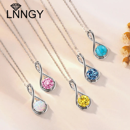 Lnngy Genuine 925 Sterling Silver Infinity Pendant Necklace Colorful Zircon Birthstone Necklaces for Women Jewelry Collar Mujer