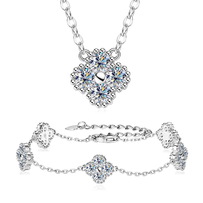18k Gold Plated 925 Silver 3mm Moissanite Necklace Earrings Bracelet Sets 3 In 1 Clover Flower Charm Jewelry Set for Women Gift
