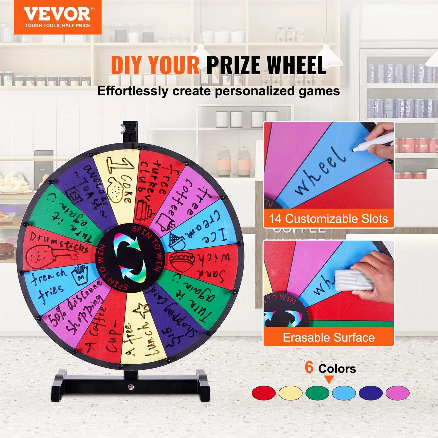 SucceBuy 18/24/36 inch Spinning Prize Wheel 14 Slots Spinning Wheel Tabletop Floor Standing Win Fortune Spin Games in Party Pub