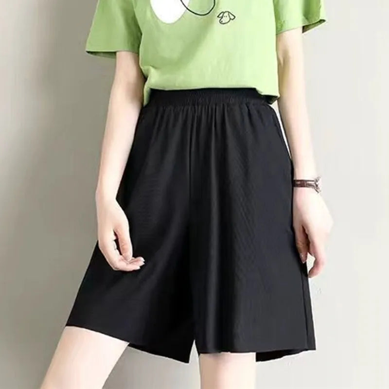 High Quali Ice Silk Wide Leg Pants Women's Straight Leg Casual Trousers Summer New Sle Trendy High Waist Nine Points