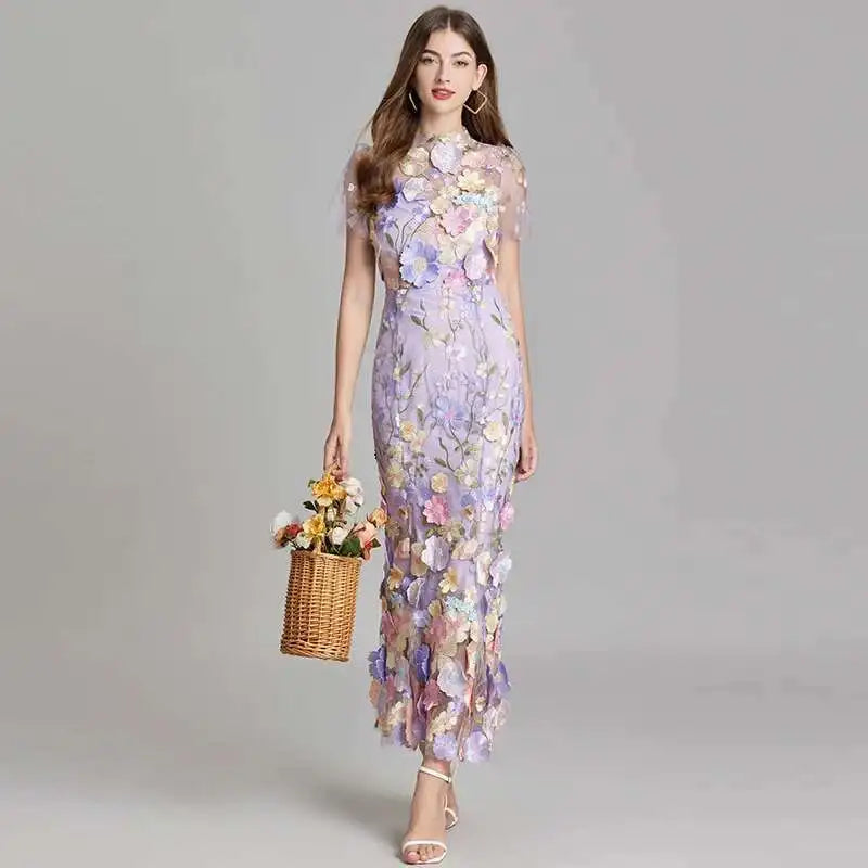 French Luxury 3D Flower Fishtail Lace Prom Dress – Women's Summer Short Sleeve Midi Evening Dress