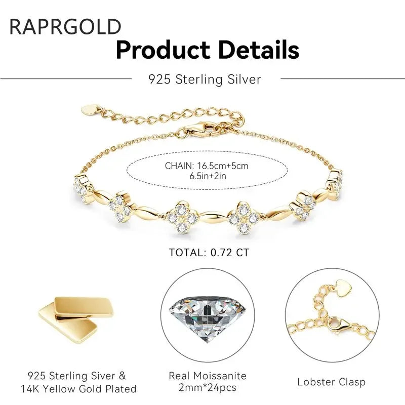 RAPRGOLD GRA Certified Moissanite Four Clover Flower Bracelets for Women 925 Sterling Silver Bracelet Chain Wedding Jewelry Gift