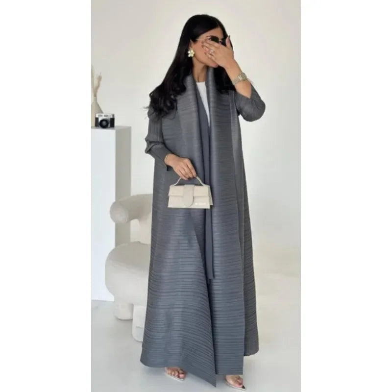 KAF Pleated Women Trench Coat Vintage Printed Cardigan Design Loose Plus Size Women Long Dress Dubai Female Luxury Abaya 2024