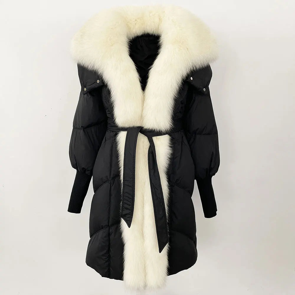 2025 Autumn Winter Women Coat Real Natural Fox Fur Long Down Jacket Thick Warm Casual Hooded White Duck Down Elegant Overwears