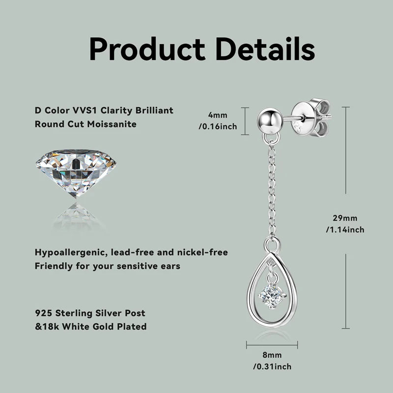 Lnngy Exquisite Round Cut 3mm Moissanite Earrings For Women 925 Sterling Silver Waterdrop Dangle Earring Wedding Jewelry Gift