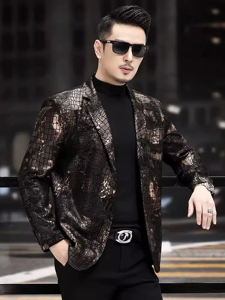 Business Men Snake Pattern Real Sheepskin Blazer Work Suit Coat Autumn Fashion Slim Fit Single Breasted Genuine Leather Jacket