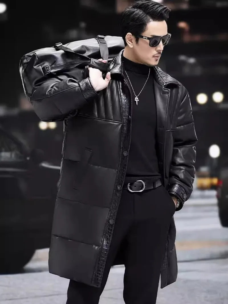 Winter Mens Sheepskin Genuine Leather Down Coat Thicken Warm Single Breasted Turn-Down Collar Medium Length Overcoat Size 5XL