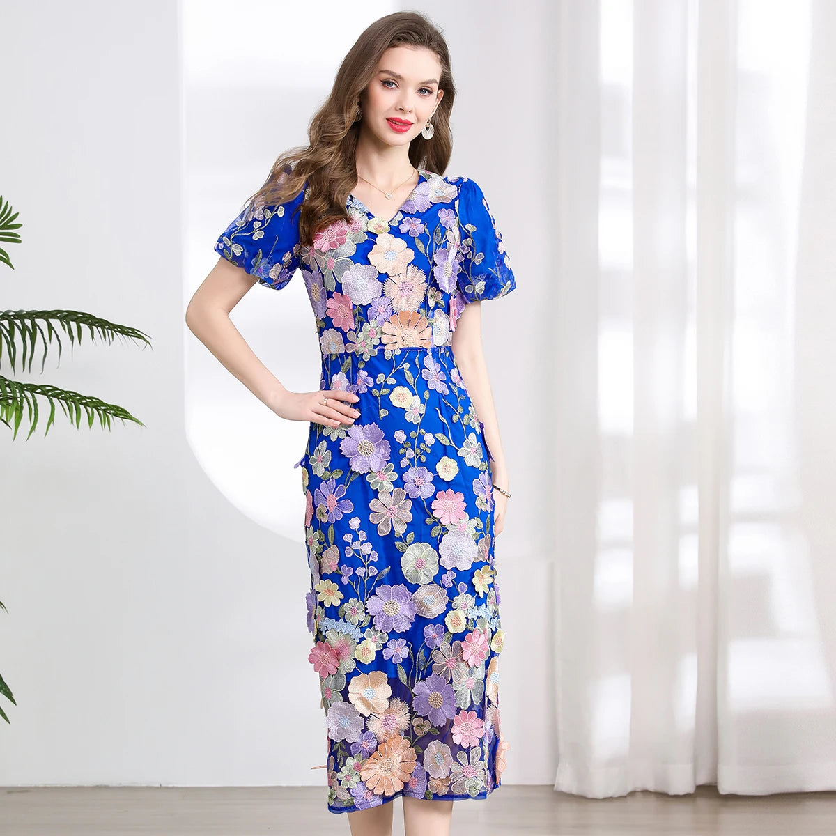 Summer High-end Embroidery Lace Prom Dress Women French Luxury 3D Flower Short Sleeve Long Dress Party Bodycon Holiday Vestido