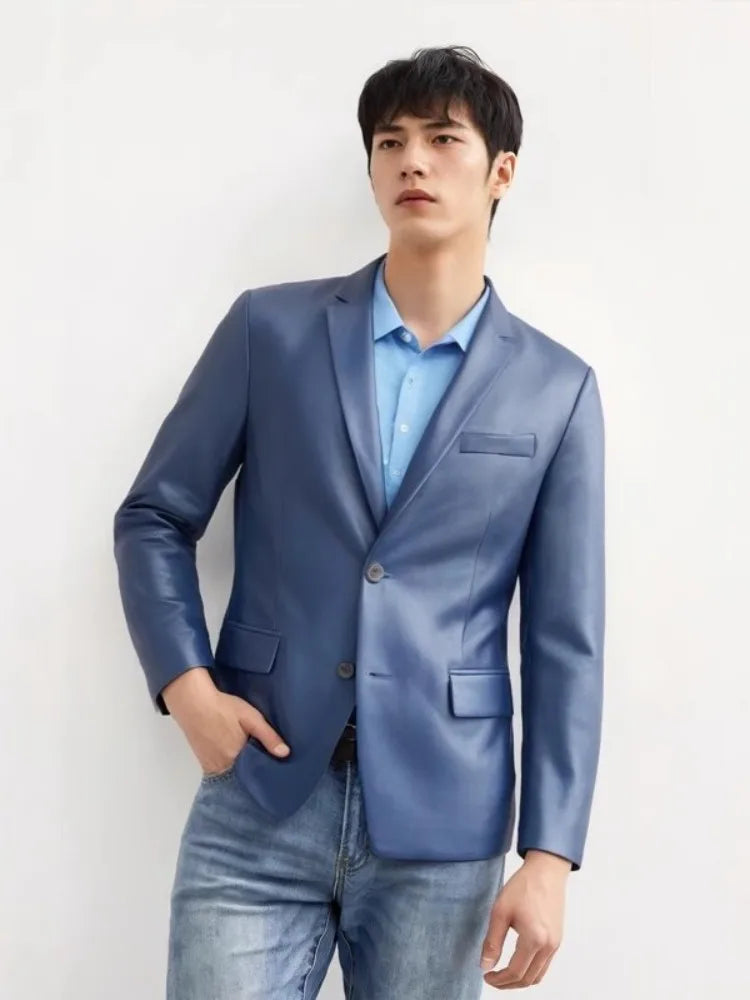 Men's Genuine Sheepskin Leather Blazer – Business Casual Spring Autumn Jacket