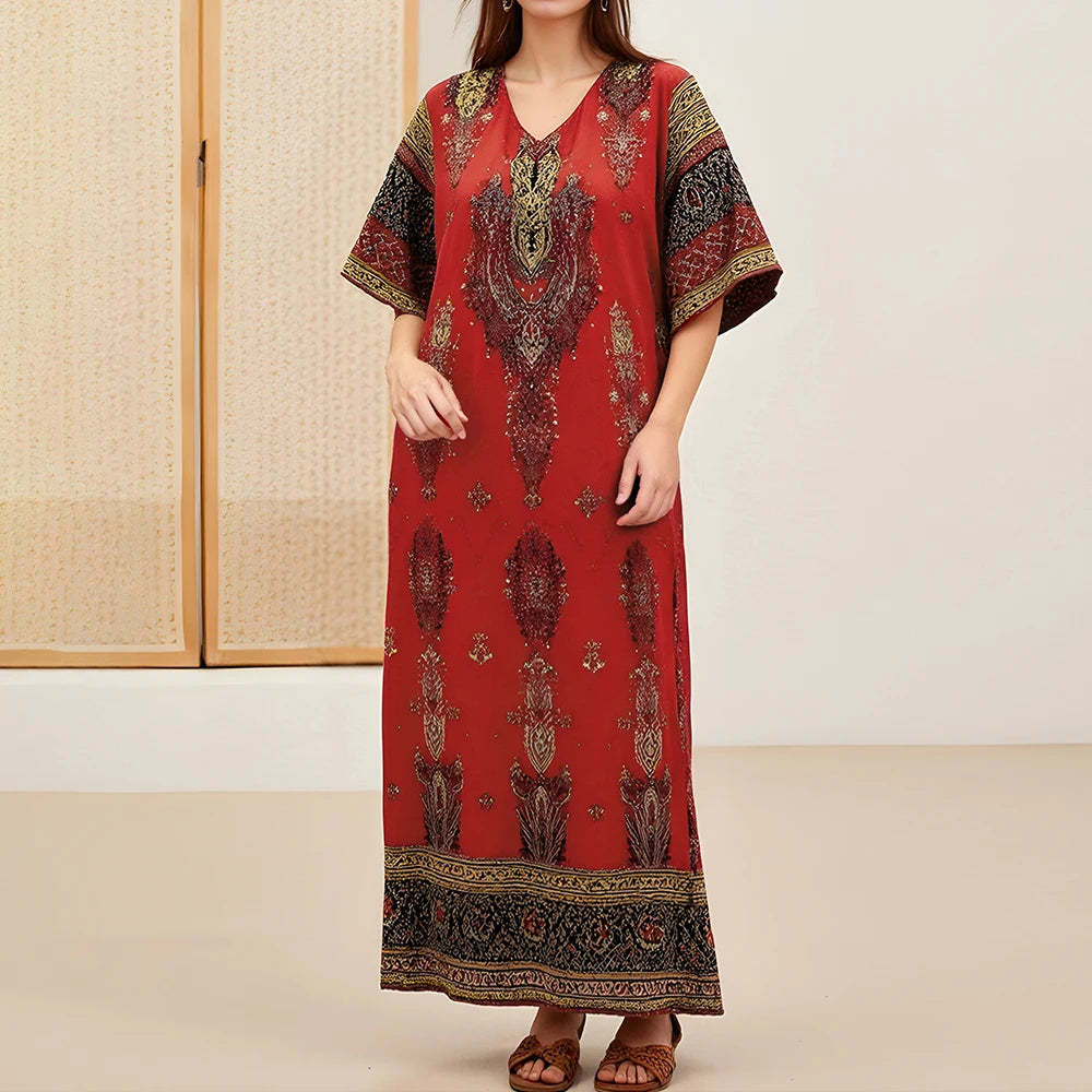 Rafiah Summer Women's Arabian Dress 2025 Indie Folk Traditional Appliques Contrast Color Short Sleeve V-Neck Evening Dress