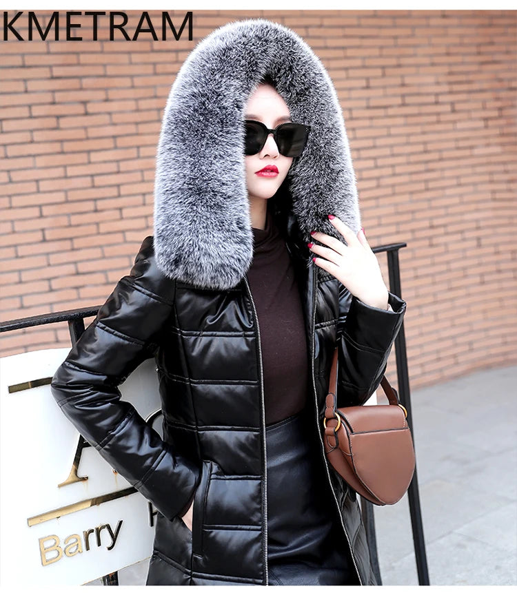 KMETRAM Winter Long Length Coats for Women Clothing Sheepskin Down Jackets White Duck Down Fox Fur Collar Casaco Feminino