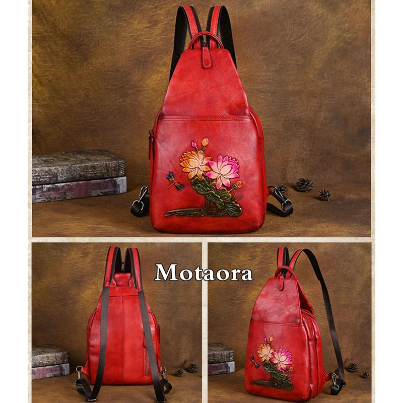 MOTAORA Genuine Leather Backpack Women Retro Embossed Cowhide Shoulder Bag Travel Backpack Casual Work & Luxury Purse
