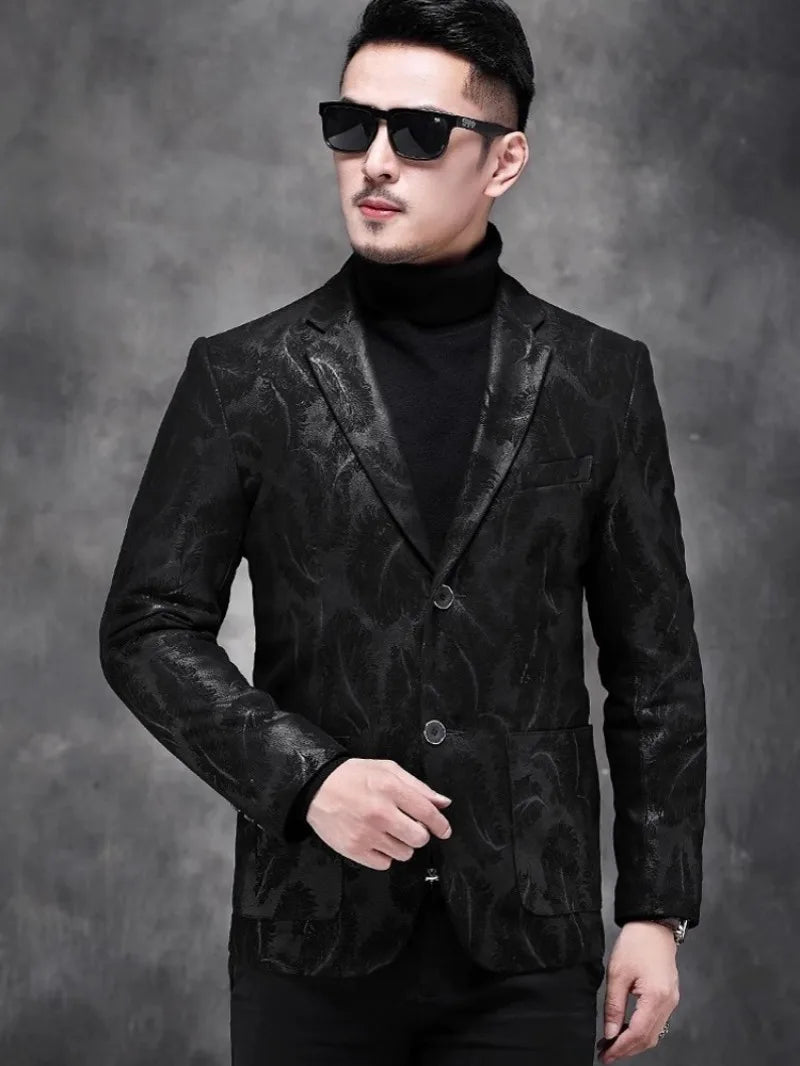 Business Men Work Slim Fit Real Sheepskin Genuine Leather Jacket Spring Autumn Floral Printed Single Breasted Blazer Suit Coat